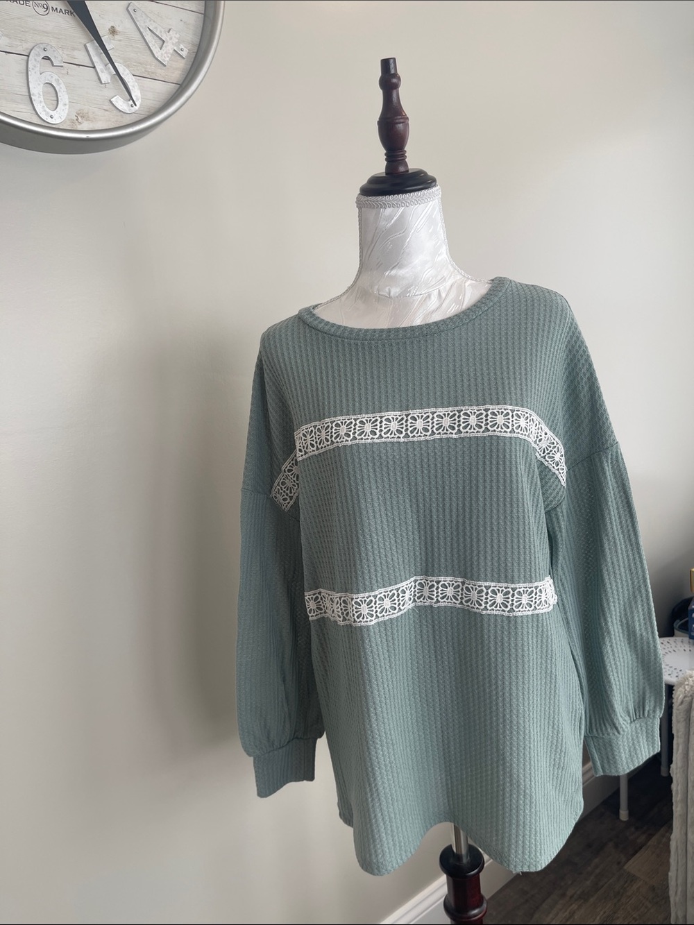 Waffle Knit Lace-Trim Tunic Top in Sage